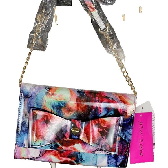 Betsey Johnson Colorful Print Bow Detail Snap Zip Logo Lining Crossbody Handbag - Picture 5 of 7